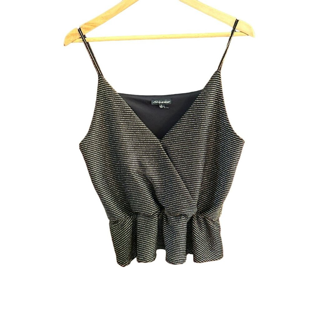 Shinestar Women's Black Gold Metallic Striped Peplum Top Size Large Y2k 1990s